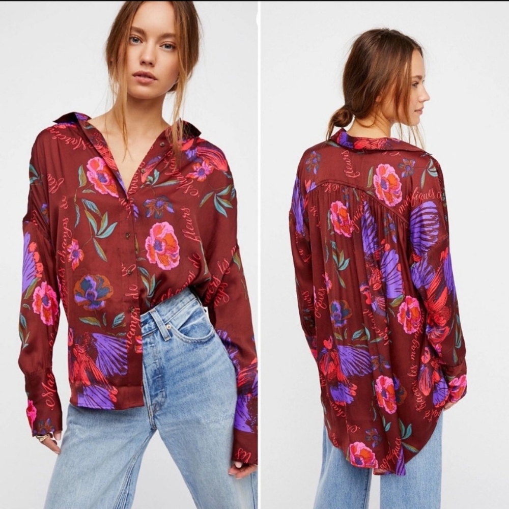 Free People Silky Nights Blouse Cranberry Red Floral Size Medium